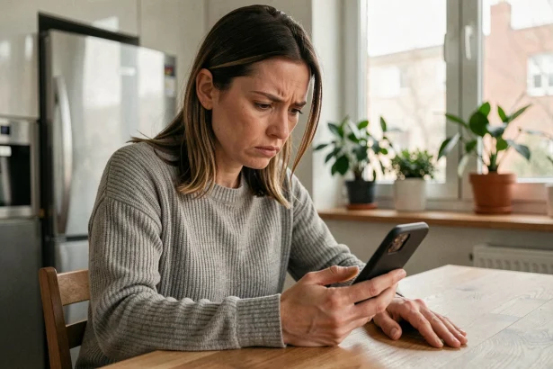 Femme inquiète regardant son smartphone à table, illustrant la surveillance numérique d'un conjoint