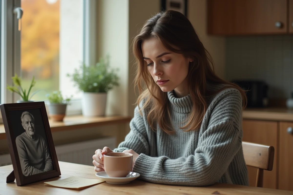 Femme émue tenant une tasse de thé devant la photo encadrée de son père décédé, moment de souvenir anniversaire