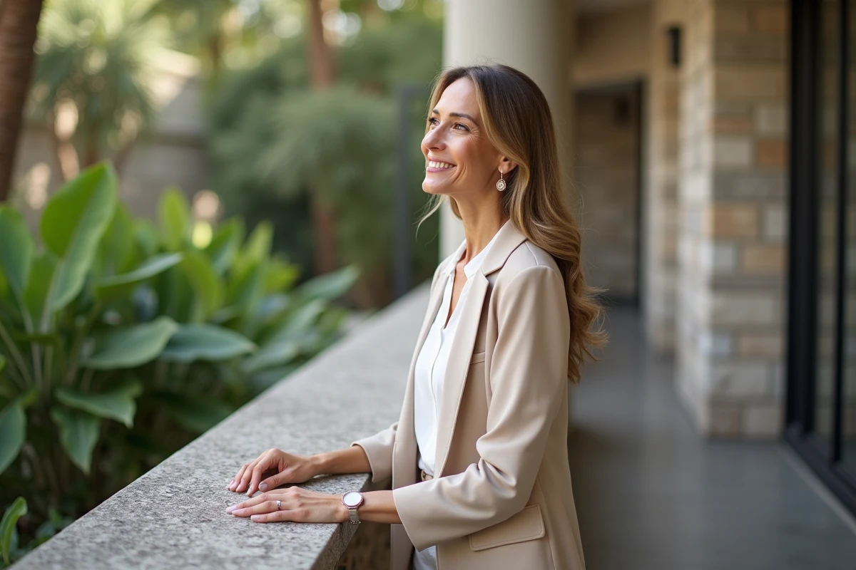 Femme élégante regardant vers le jardin depuis la terrasse