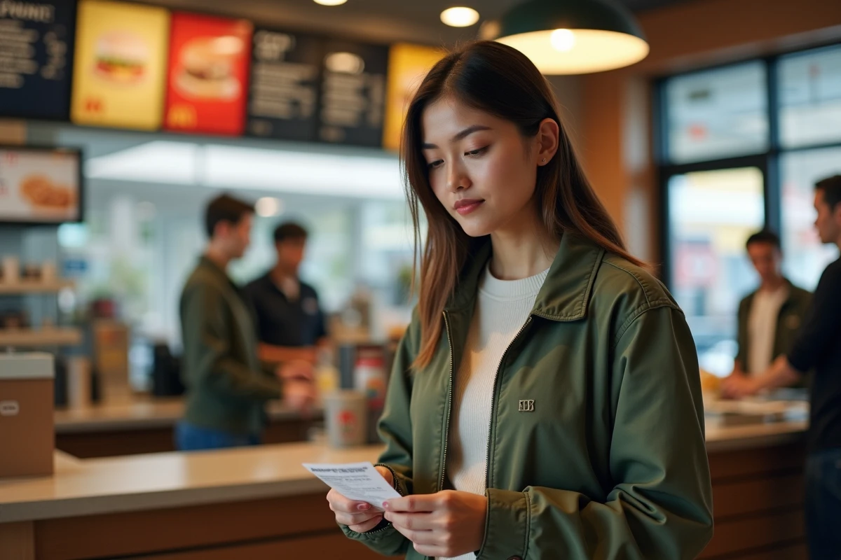 Femme consultant un ticket de caisse McDonald's au comptoir d'un fast-food en ville