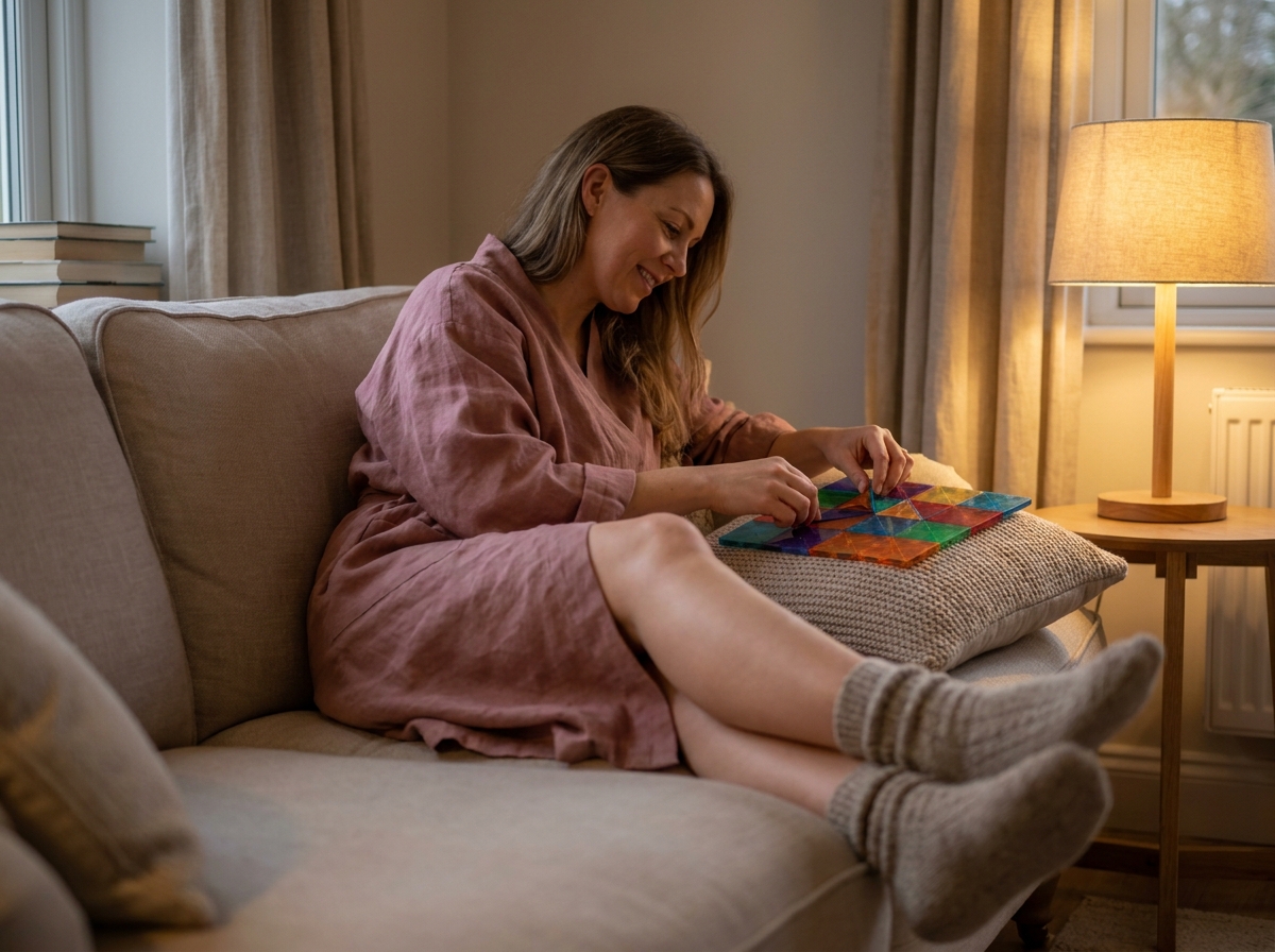 Femme détendue sur un canapé assemblant des tuiles magnétiques colorées dans une ambiance apaisante du soir