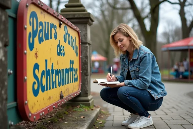 Femme en denim note devant panneau vintage parc Schrumpfs