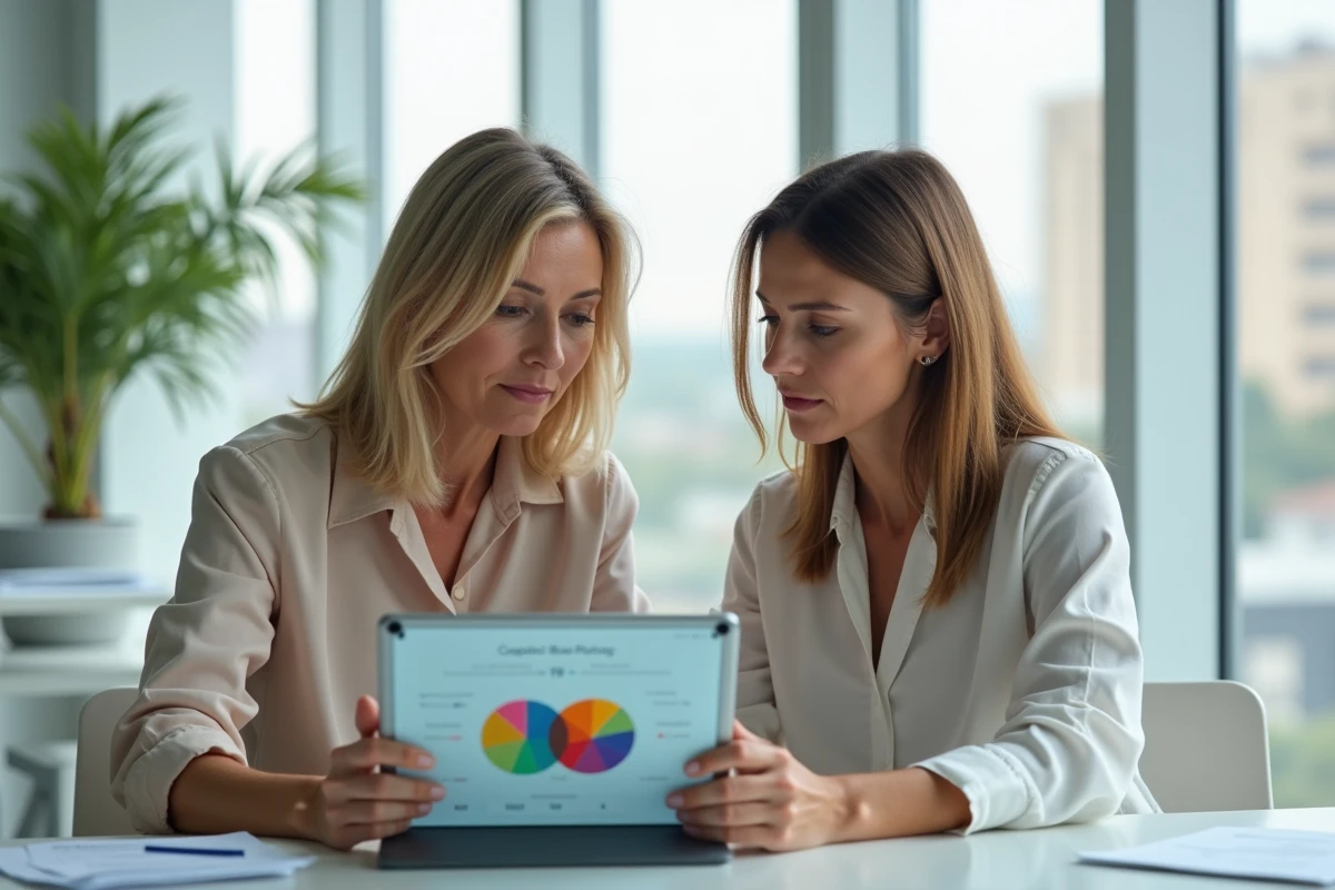 Deux femmes d affaires regardant un tableau de compatibilite sur une tablette