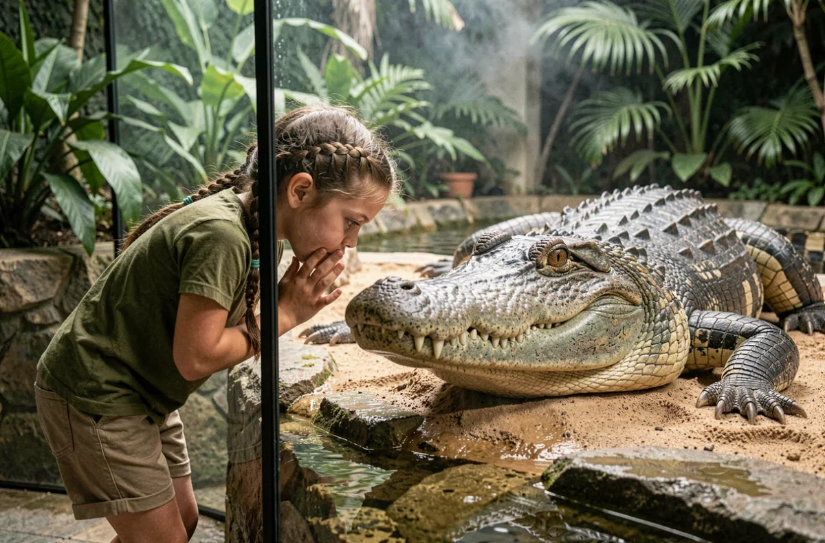 Enfant observant un crocodile du Nil à la Ferme aux Crocodiles, antenne pédagogique à Istres