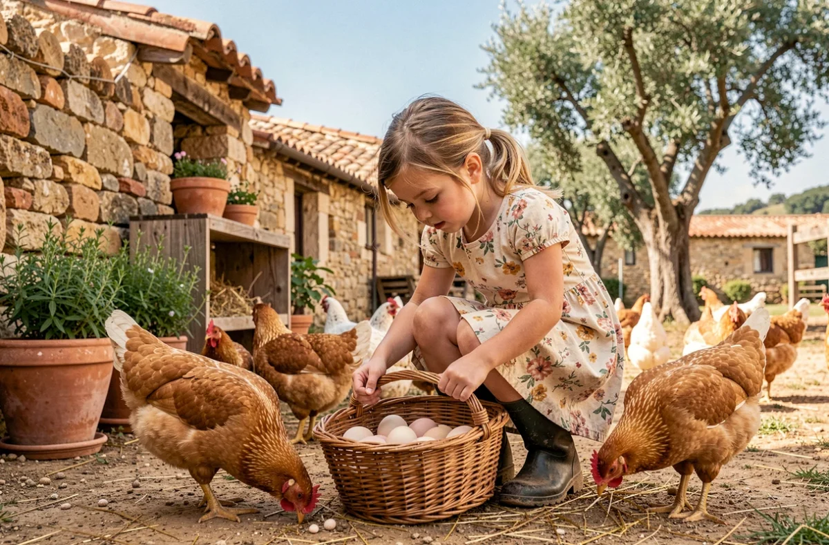 Enfant ramassant des œufs à la Ferme Pédagogique de l'Étoile à Mouriès