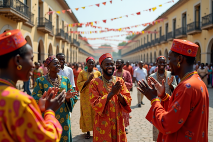 Groupe d'hommes et femmes en tenue africaine lors d'une fête
