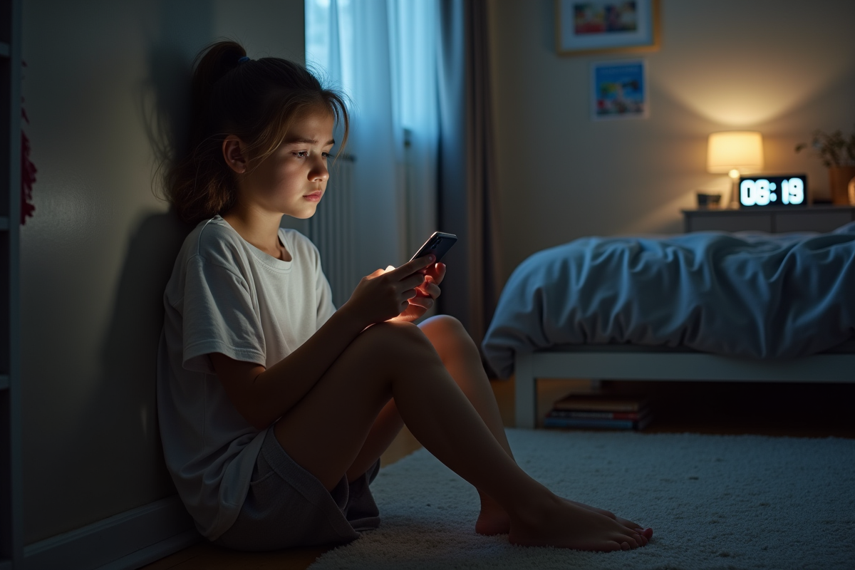 Fille de 15 ans assise sur le sol dans sa chambre la nuit