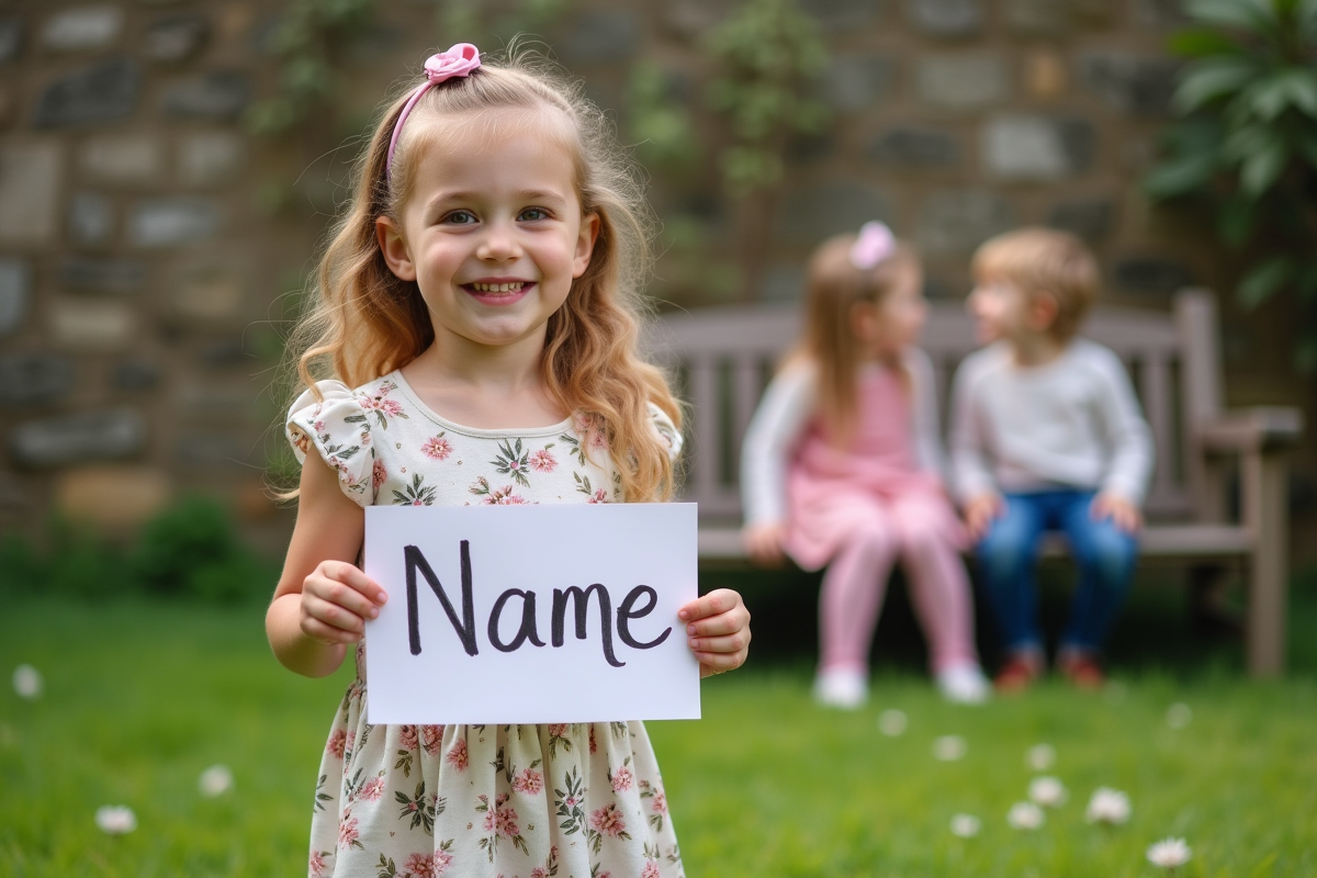 Fille souriante tenant un panneau avec son nom dans un jardin printanier