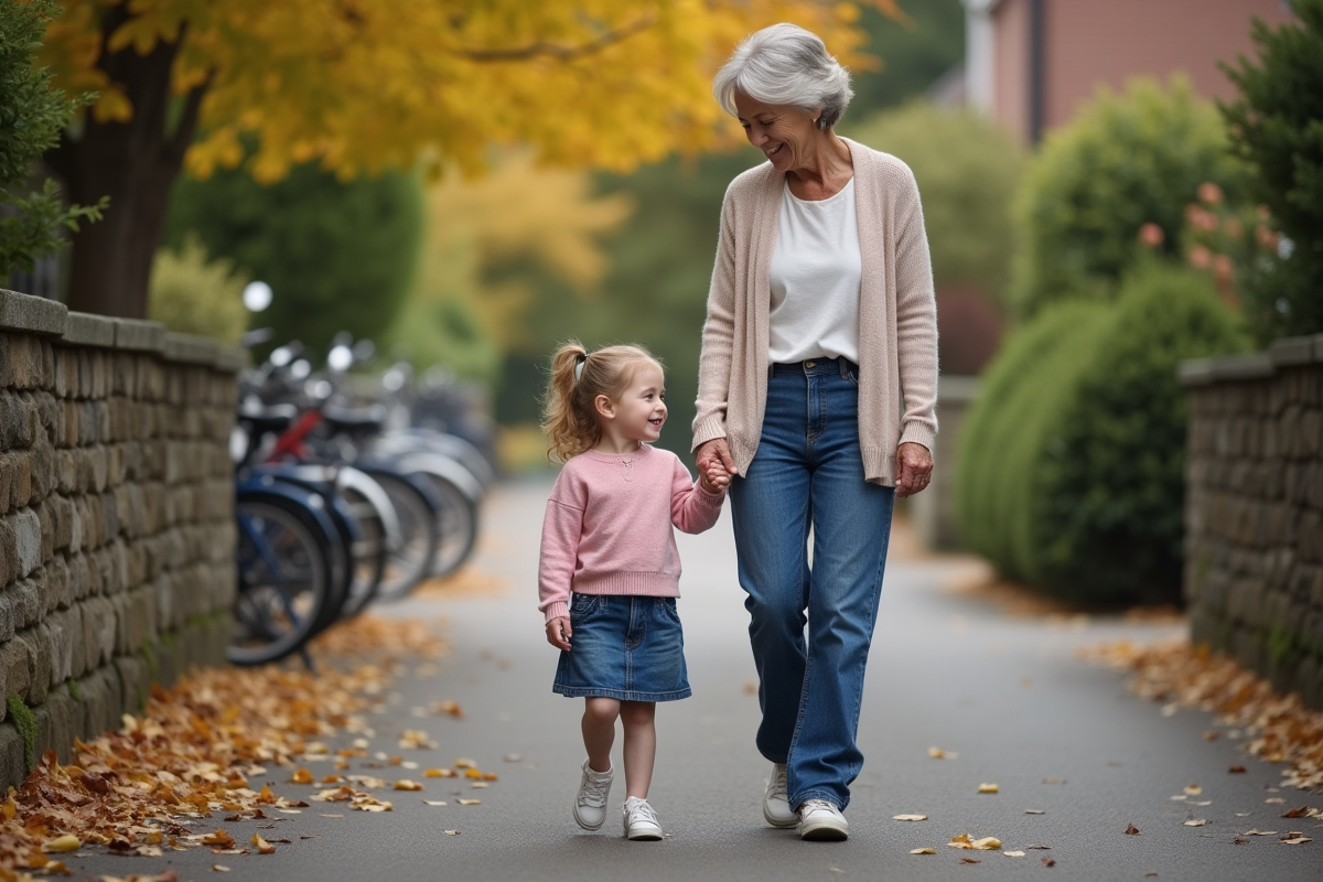 Fille et grand-mère marchant dans une rue résidentielle en automne