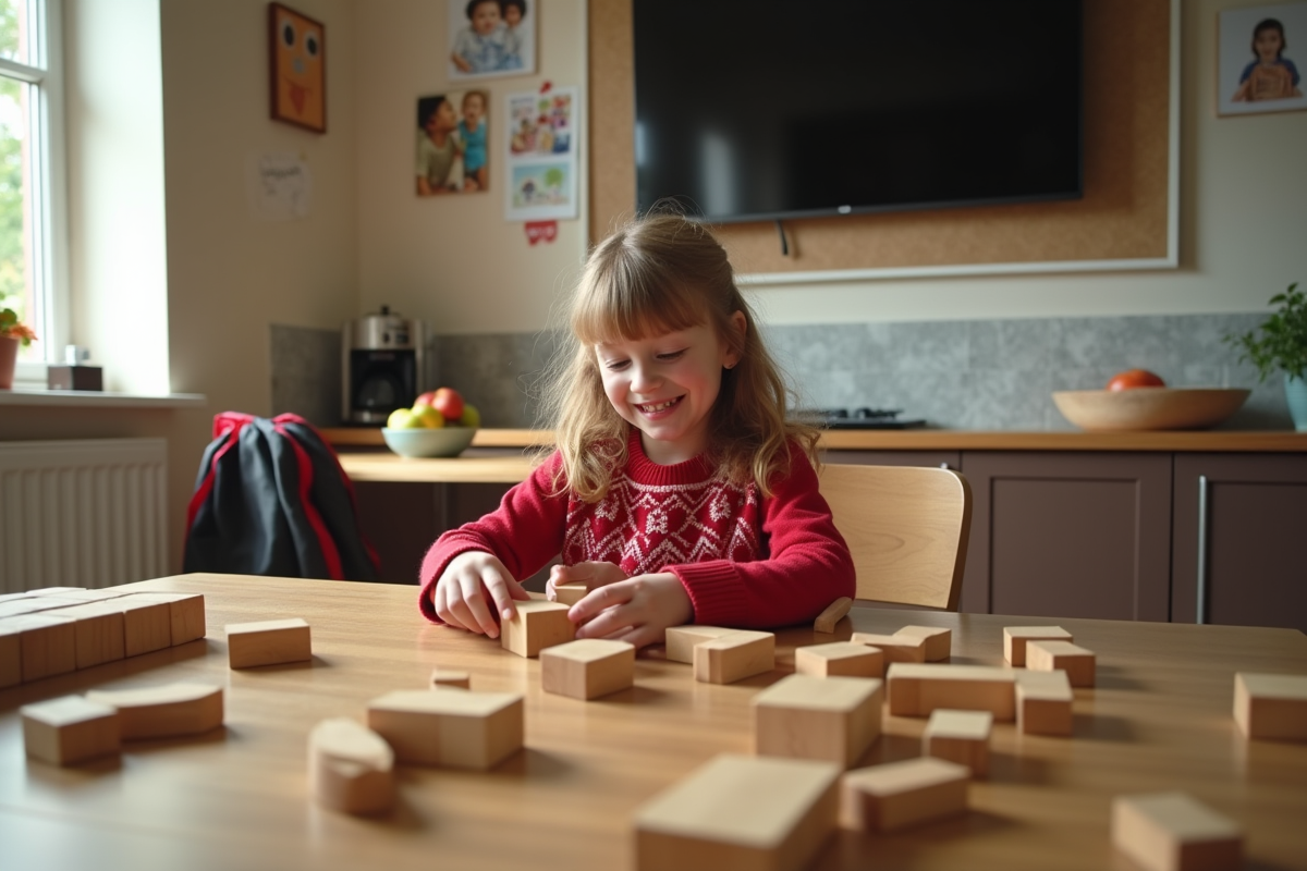 Fille de 8 ans jouant avec des blocs en cuisine ensoleillee