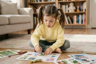Jeune fille concentrée en train de colorier un jeu imprimé sur le sol d'un salon chaleureux