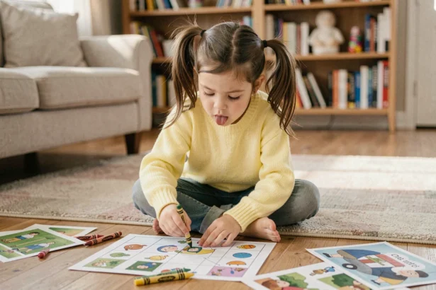 Jeune fille concentrée en train de colorier un jeu imprimé sur le sol d'un salon chaleureux