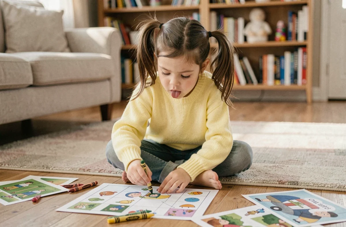 Jeune fille concentrée en train de colorier un jeu imprimé sur le sol d'un salon chaleureux
