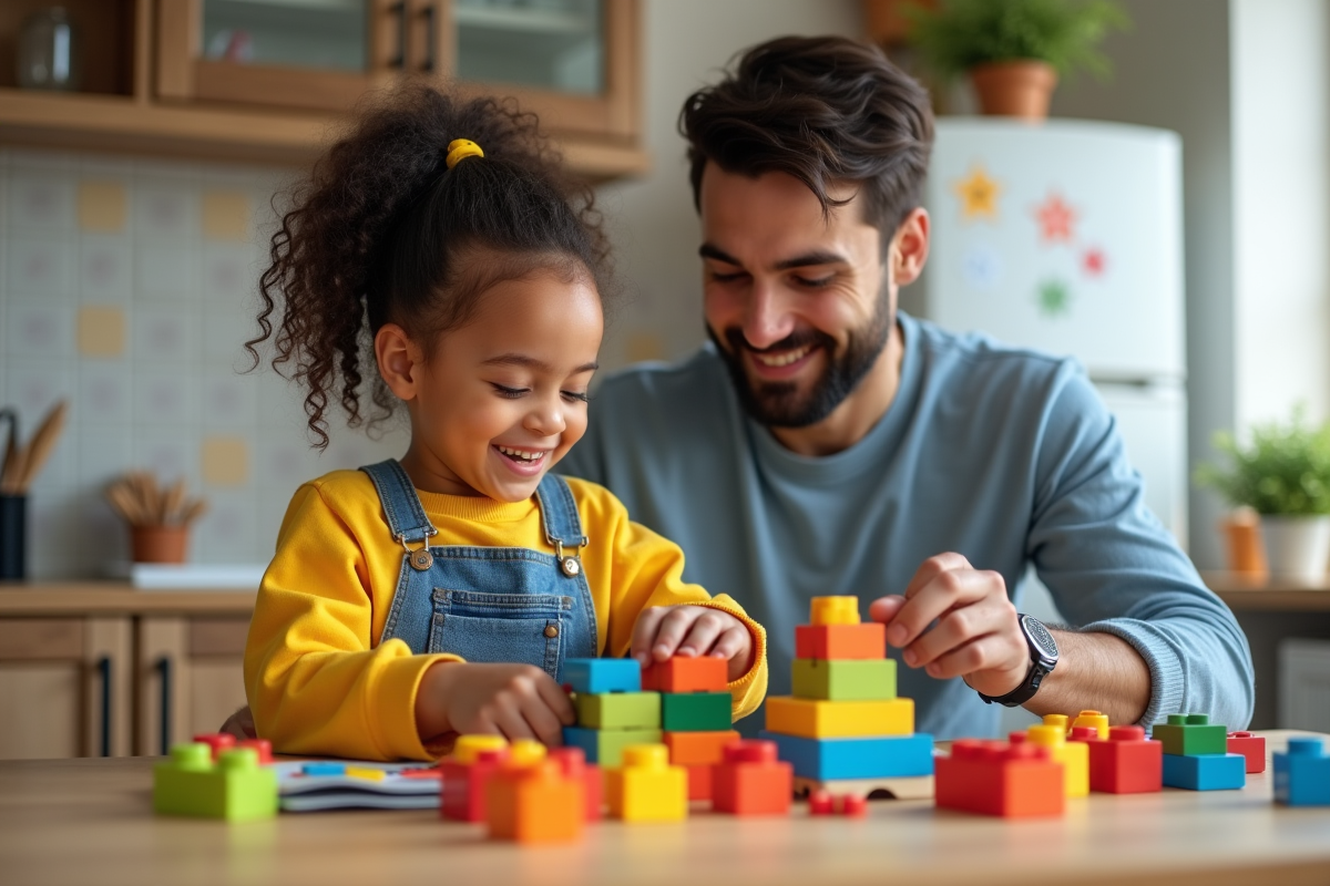 Fille de 5 ans joue avec des blocs dans la cuisine
