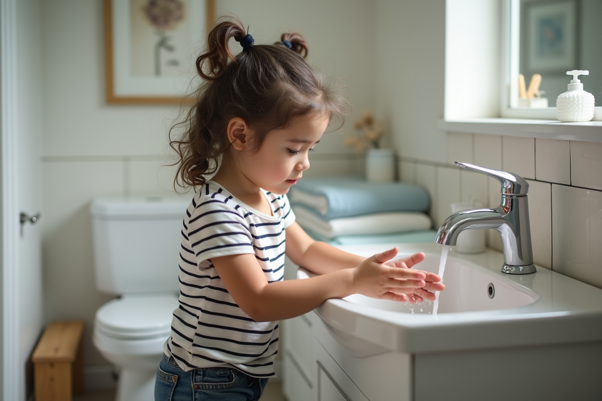 Fille se lavant les mains dans la salle de bain