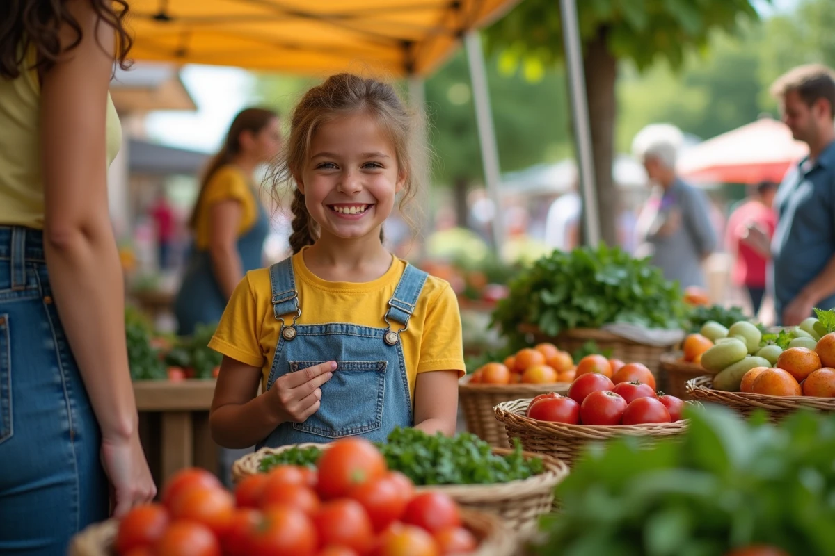 Fille de 8 ans choisissant des légumes au marché