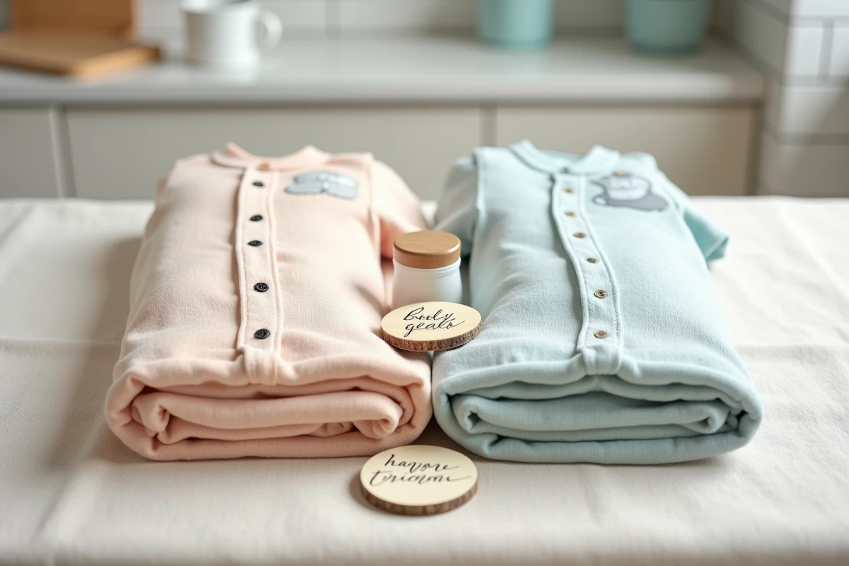 Flat lay d'un cadeau naissance pour jumeaux soigneusement composé avec bodies assortis, livre illustré, étiquettes prénom en bois et carte personnalisée sur nappe en lin beige