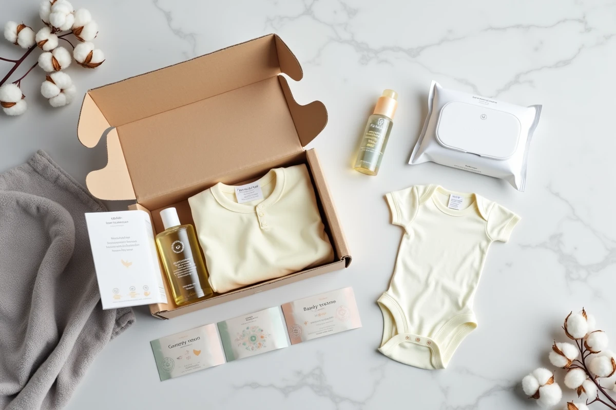 Flat lay d'un coffret naissance gratuit de marque ouvert avec ses produits bébé disposés sur marbre blanc