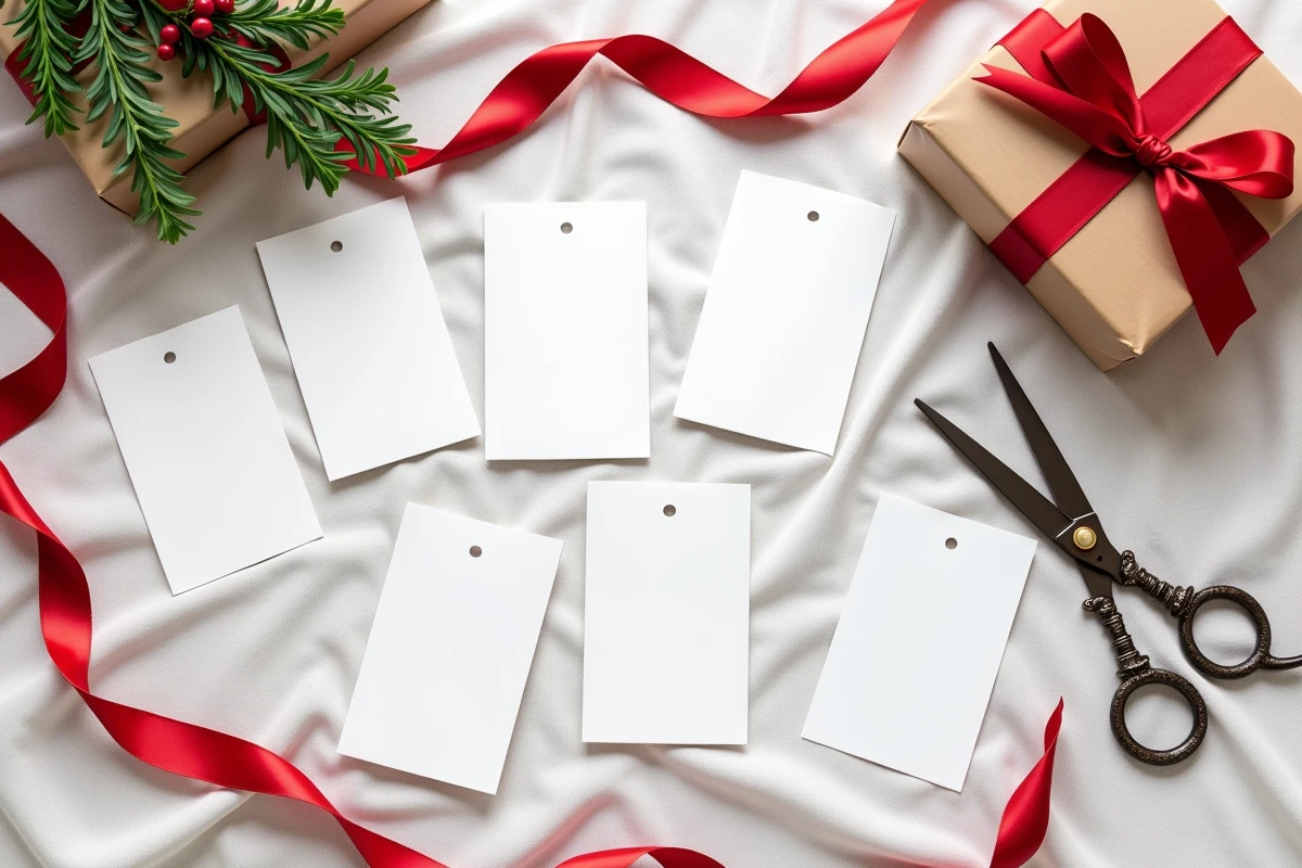 Flat lay d'étiquettes cadeaux de Noël imprimées, ruban rouge et papier kraft sur nappe en lin blanc