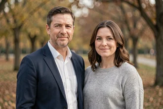 Frère et sœur adultes aux traits similaires debout dans un parc en automne, illustrant un lien familial complexe et une ressemblance fraternelle marquée