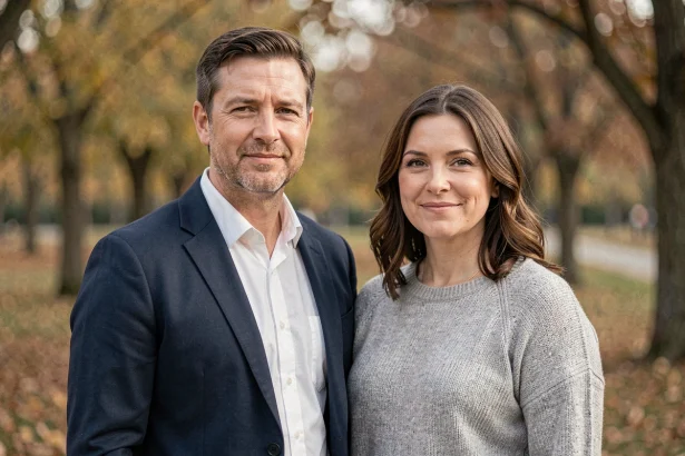 Frère et sœur adultes aux traits similaires debout dans un parc en automne, illustrant un lien familial complexe et une ressemblance fraternelle marquée