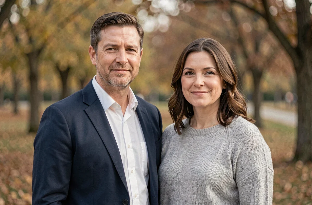 Frère et sœur adultes aux traits similaires debout dans un parc en automne, illustrant un lien familial complexe et une ressemblance fraternelle marquée