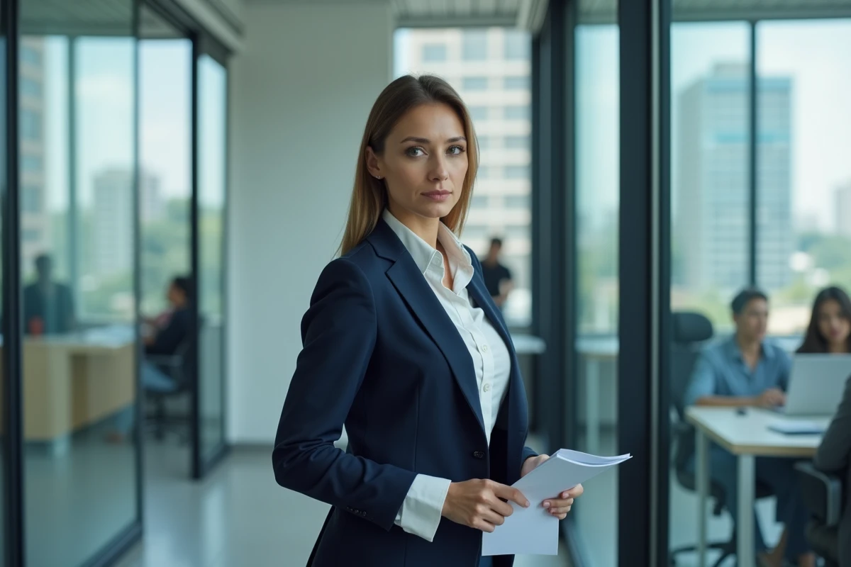 Femme en blazer marine debout près d'une fenêtre de bureau, symbolisant les frontières entre sphère publique et vie privée
