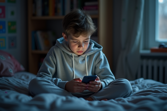 Garçon de 12 ans sur son lit regarde son smartphone la nuit