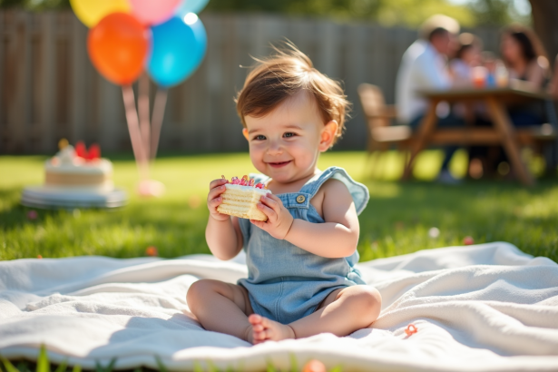 Garçon d'un an avec gâteau dans un jardin ensoleille