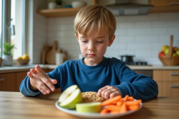 Garçon de 10 ans préparant une assiette saine à la maison