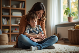 Garçon de 6 ans avec maman dans un salon chaleureux