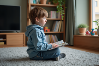 Garçon de 7 ans assis sur un tapis gris dans un salon chaleureux