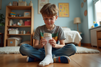Garçon de 10 ans regardant sa chaussette trouee au sol de sa chambre