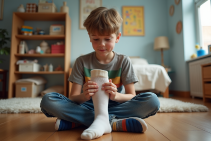 Garçon de 10 ans regardant sa chaussette trouee au sol de sa chambre