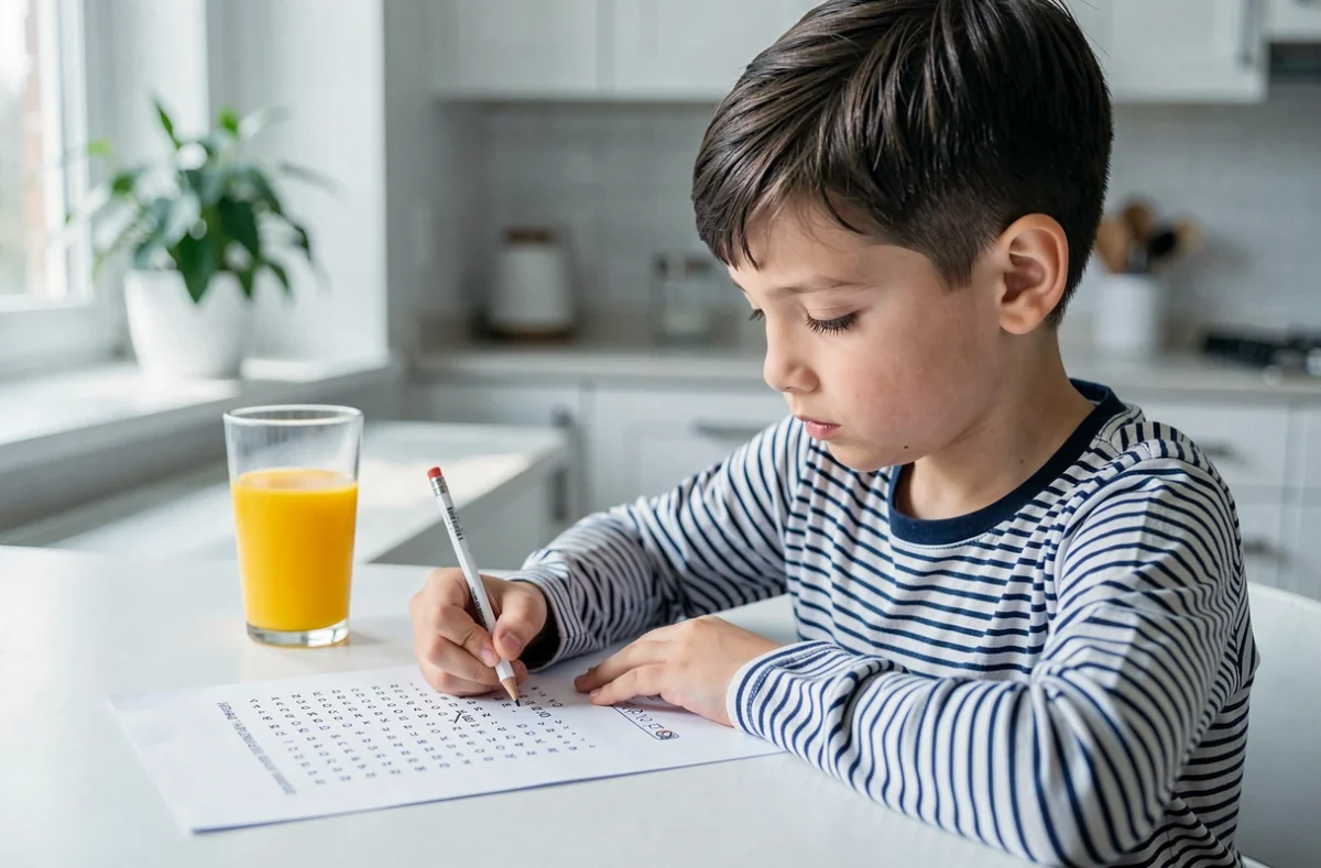 Garçon résolvant un jeu de mots imprimé sur une table de cuisine moderne