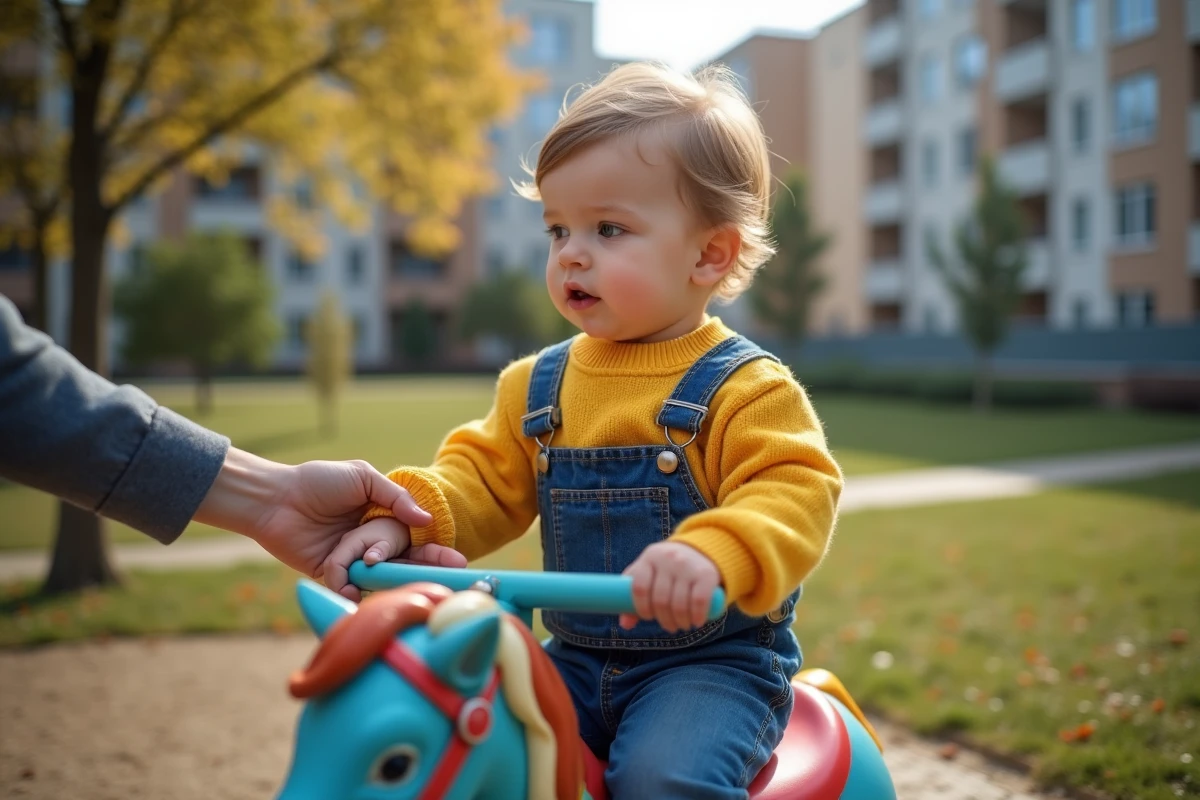 Garçon en pull jaune sur un poney de manège en extérieur