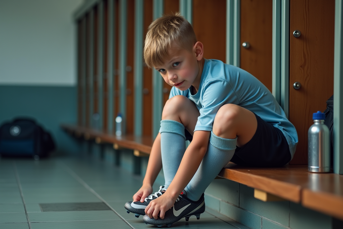 Garçon de 7 ans qui noue ses chaussures dans le vestiaire