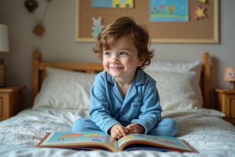 Jeune garçon lisant un livre coloré dans sa chambre