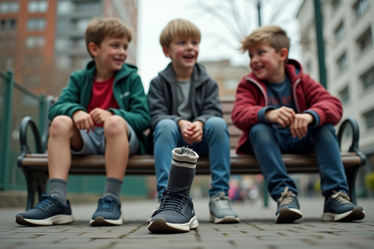 Trois garçons riant sur un banc de playground avec chaussette déchirée