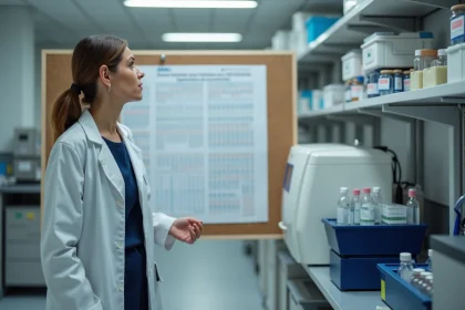 Généticienne française analysant une carte de séquence ADN dans un laboratoire universitaire spécialisé en génétique des populations
