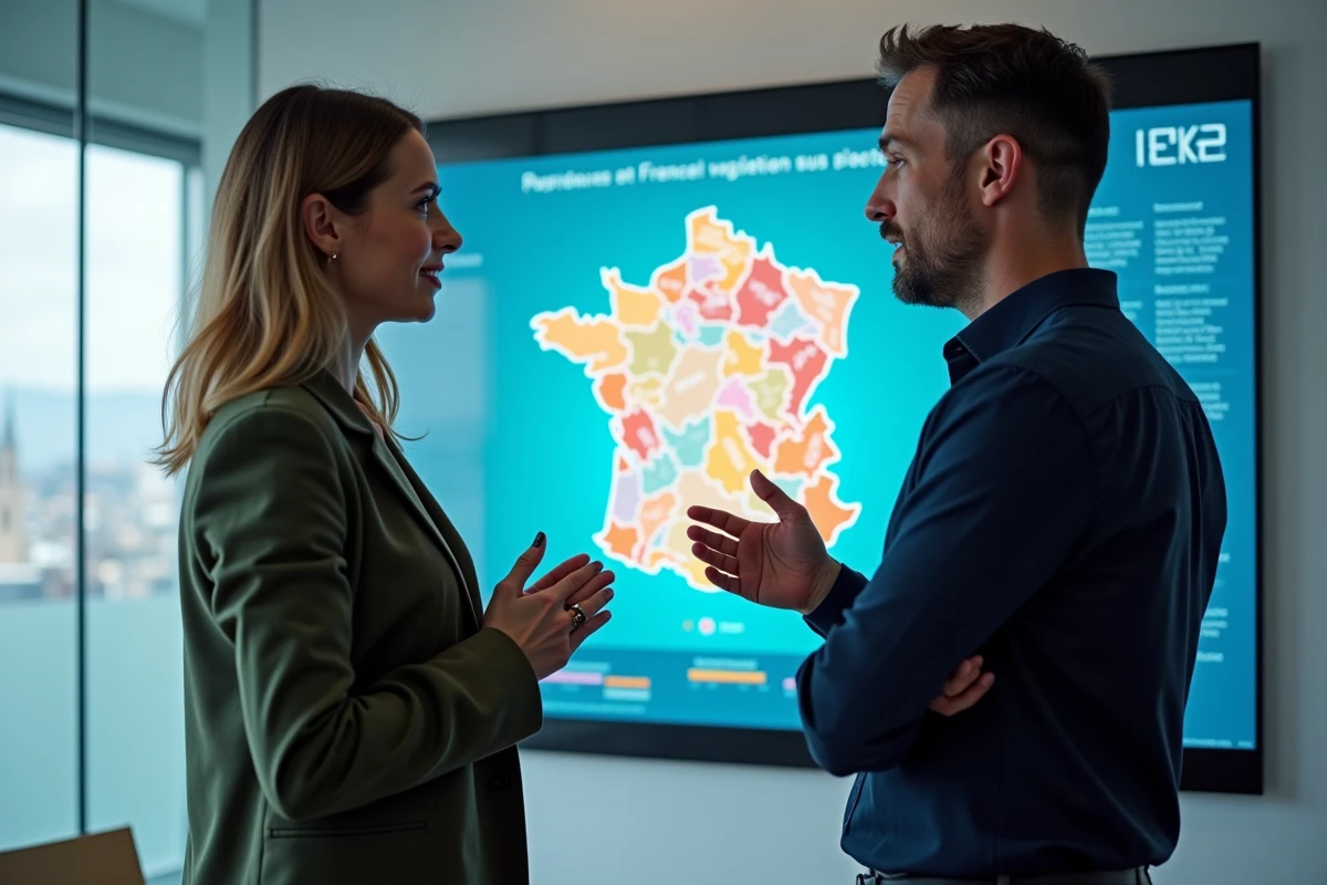 Deux généticiens français discutant d'une carte génétique des populations régionales de France lors d'une conférence scientifique