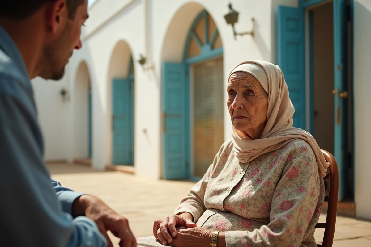 Grand-mère algérienne assise dans une cour traditionnelle, symbole de transmission culturelle et d'héritage familial entre l'Algérie et la France