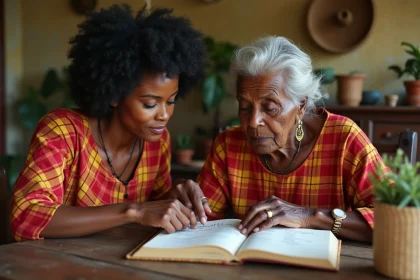 Grand-mère martiniquaise partageant l'histoire des prénoms familiaux avec sa petite-fille devant un registre de famille