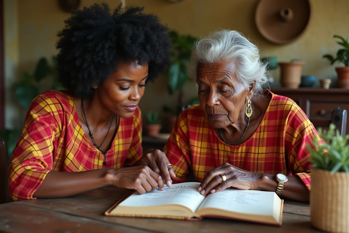 Grand-mère martiniquaise partageant l'histoire des prénoms familiaux avec sa petite-fille devant un registre de famille