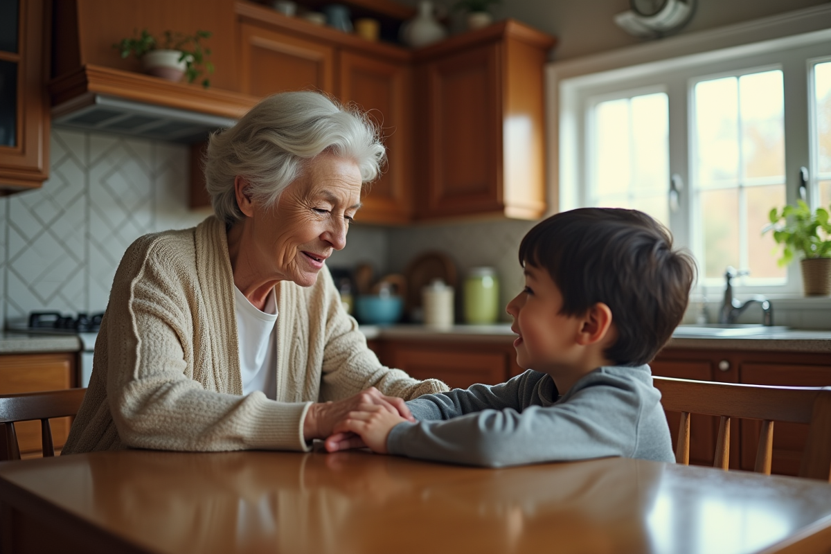 Grand-mere réconfortant un jeune garçon à la table