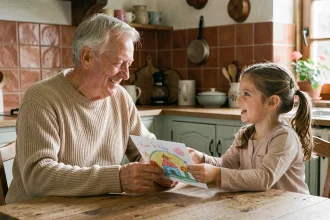 Grand-père recevant une carte dessinée à la main par sa petite-fille pour la fête des grands-pères