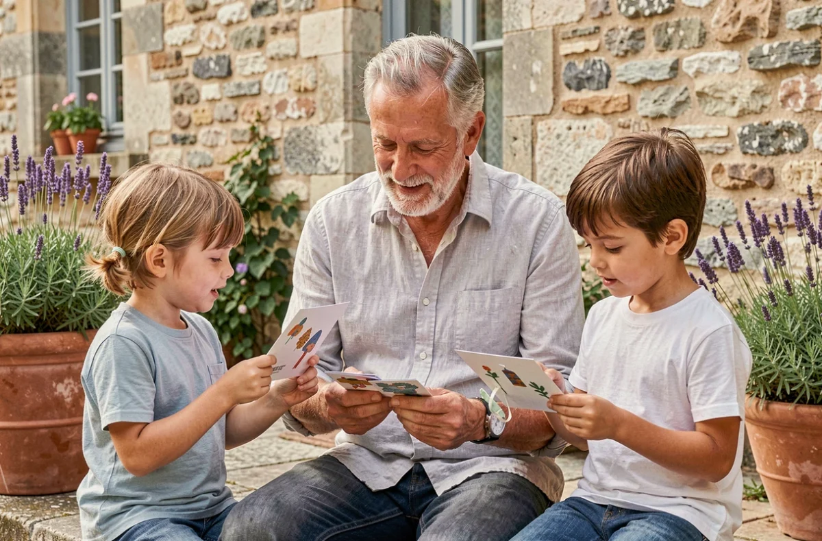 Grand-père entouré de ses petits-enfants recevant des cartes et dessins pour la fête des grands-pères
