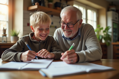 Grand-pere et petit-enfant remplissant des papiers à la maison