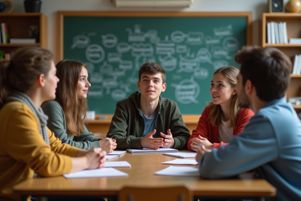 Jeunes en discussion autour d'une table en classe