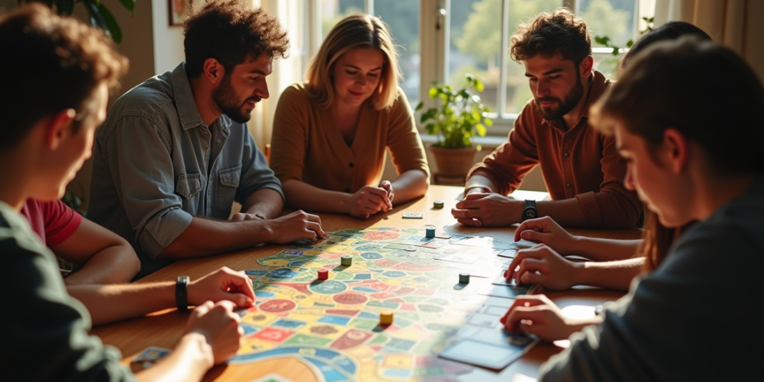 Groupe d'amis jouant à un jeu de société en intérieur